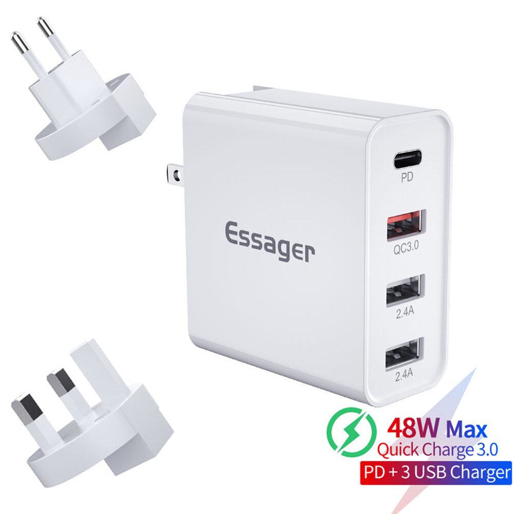 Essager 48W 4-poorts PD QC3.0 USB-oplader Snel opladen Reiswand EU / US / UK voor iPhone 12 Pro Max 