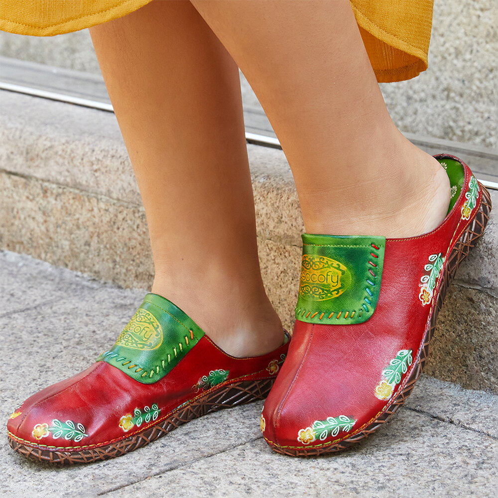 Socofy Genuine Leather Hand Made Retro Ethnic Floral Slip-On Comfortable Closed Toe Slippers