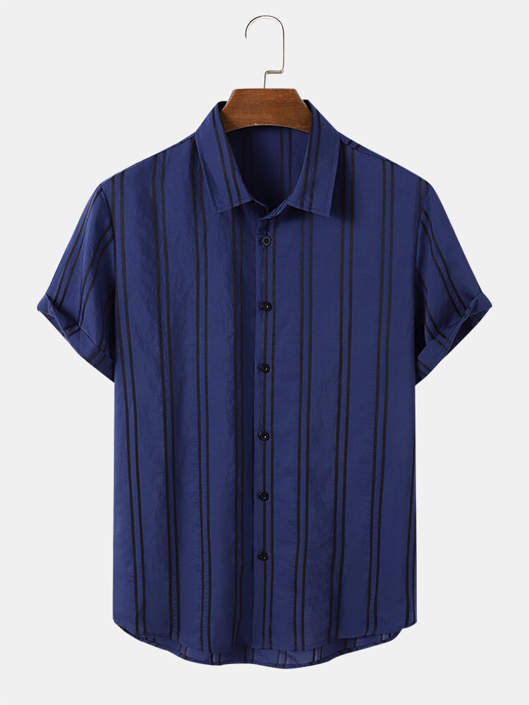 Camisas masculinas Jacquard listradas com botões diários de manga curta
