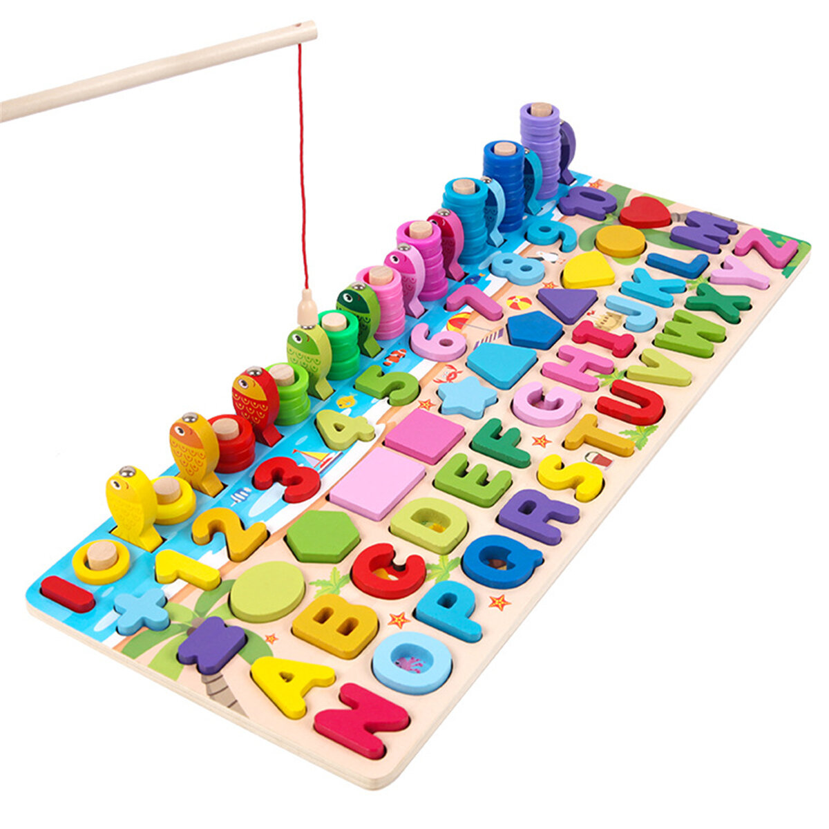 6 IN 1 Wooden Numbers Graphics Fishing Game Letter Multi-function Matching Board Early Learning Education Toy for Kids G