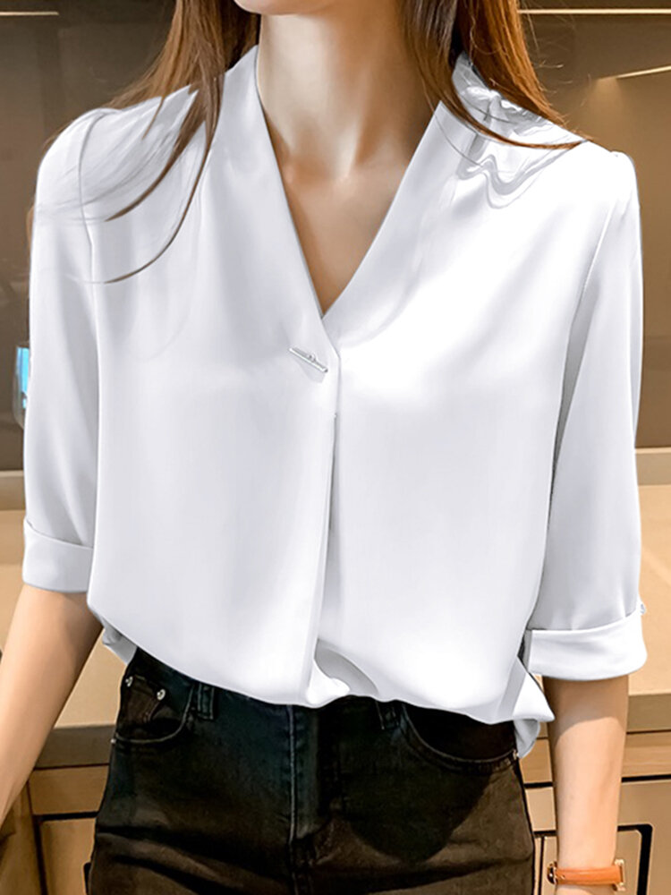 Solid Half Sleeve V-neck Blouse For Women