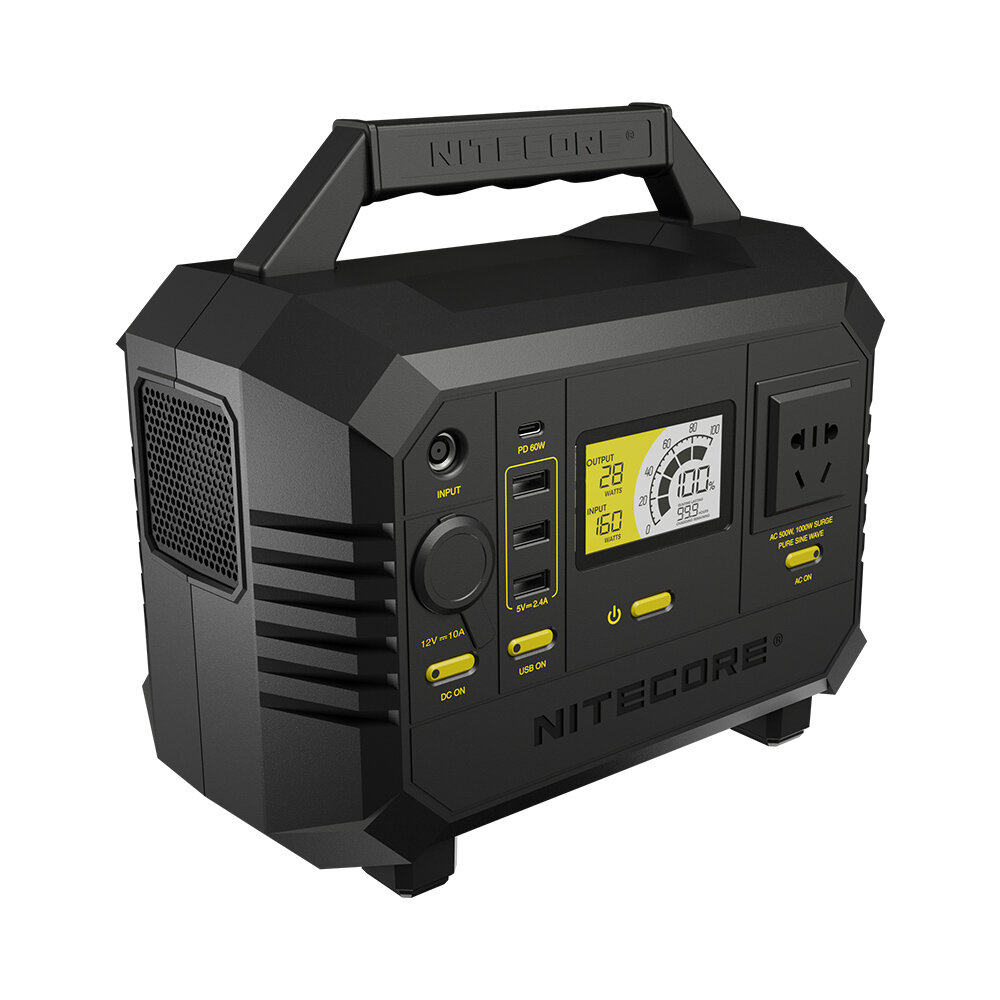 Gerador de energia portátil NITECORE NES500 de 518 Wh e 144000 mAh com saída USB e AC, estação de energia de emergência para viagens e acampamentos ao ar livre com plugue europeu.