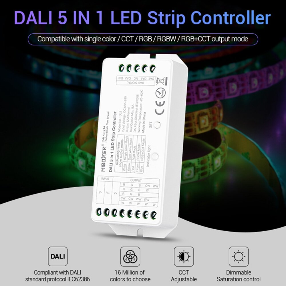 MiBOXER DL5 5 IN 1 LED Strip Controller Common Anode Compatibel met afstandsbediening / DALI-busvoed