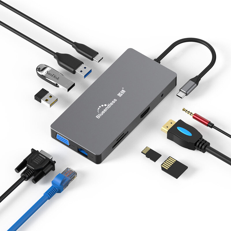 

Blueendless БС101А 10 в 1 Тип-C Док-станция USB-C Hub Splitter Adapter с USB3.0 * 3 PD100W RJ45 1080P VGA 4K @ 30Hz HDMI