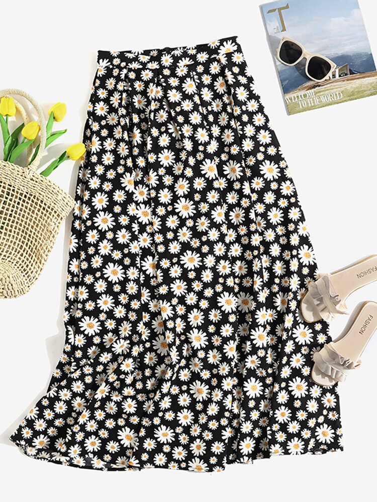 Leisure Floral Pleats Back Zipper Summer Skirts For Women