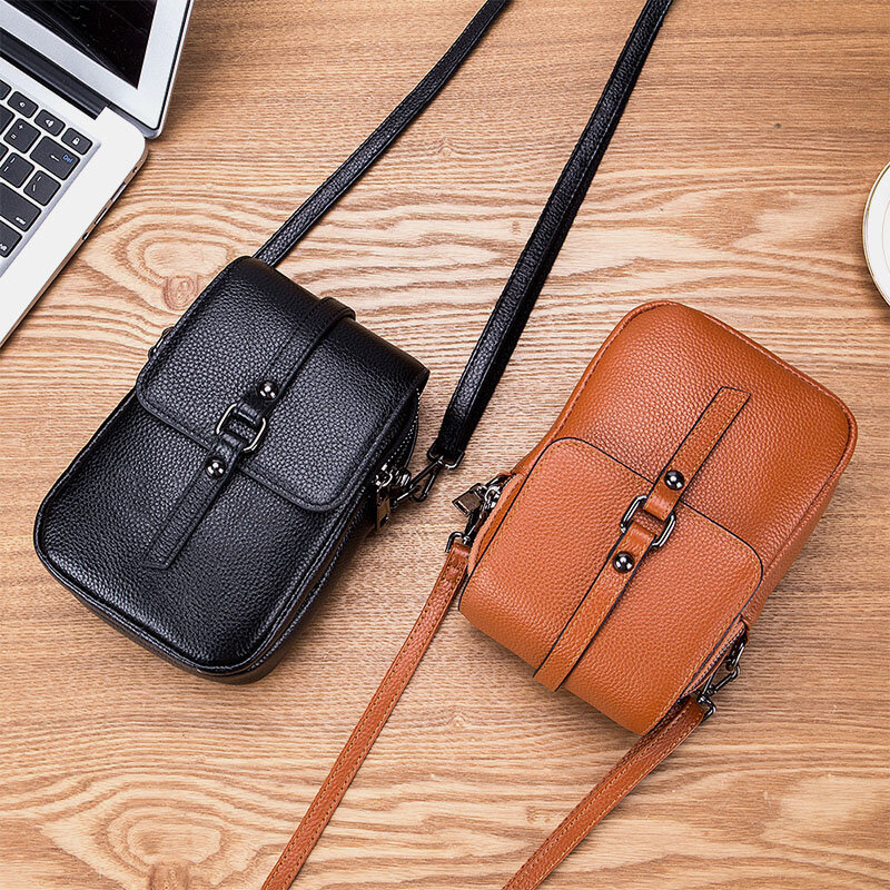 Women Genuine Leather Casual Retro Multi-Layers Earphone Hole 6.5 Inch Phone Bag Crossbody Bag