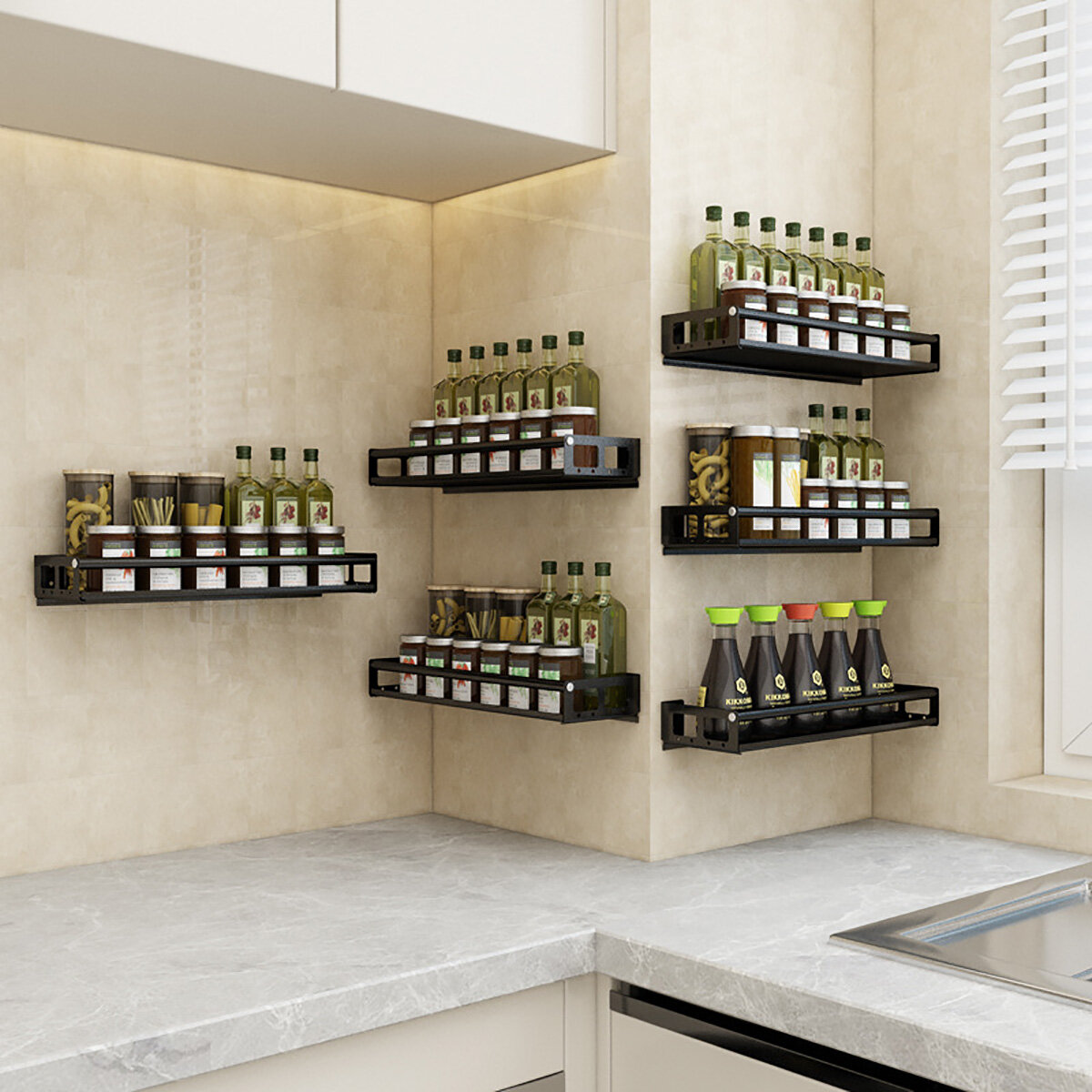 Punch-free Modern Nordic Style Kitchen Organizer Wall Mount Bracket Storage Rack Spice Jar Rack Cabi
