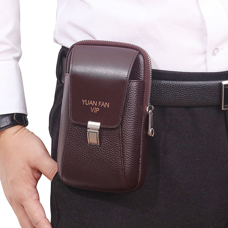 Men Vintage Lightweight Multi-pocket Genuine Leather Mini Wallet Purse 6.5 Inch Phone Bag Waist Bag