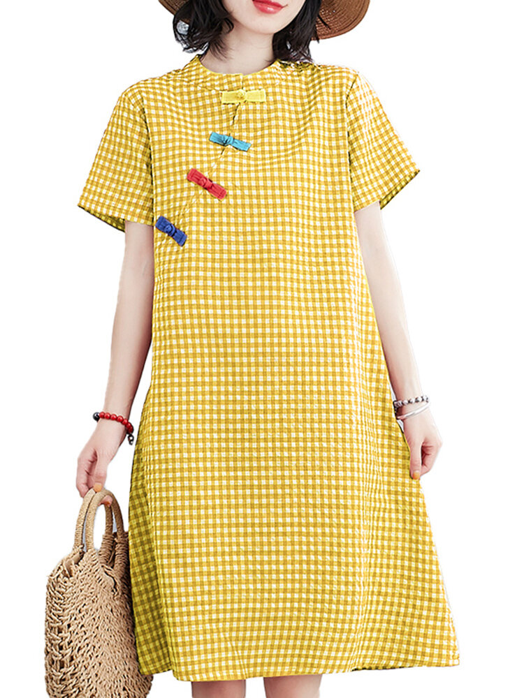 Short Sleeve Stand Collar Pleated Spliced Plaid Casual Dress For Women
