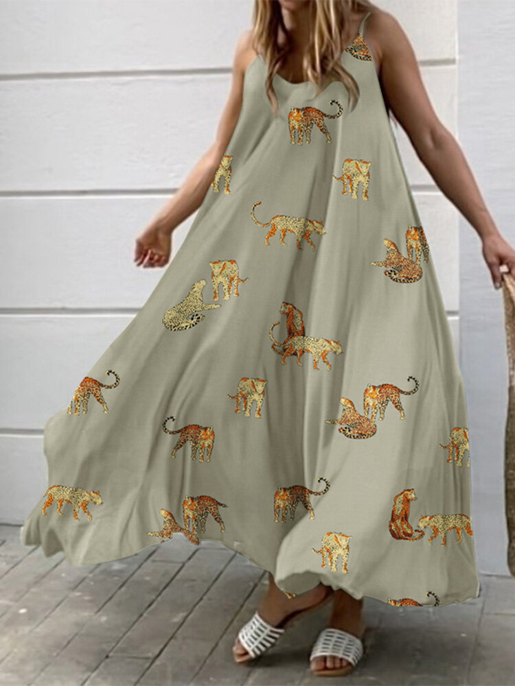 Maxi-jurk met verstelbare riem en rugloze losse swing met dierenprint