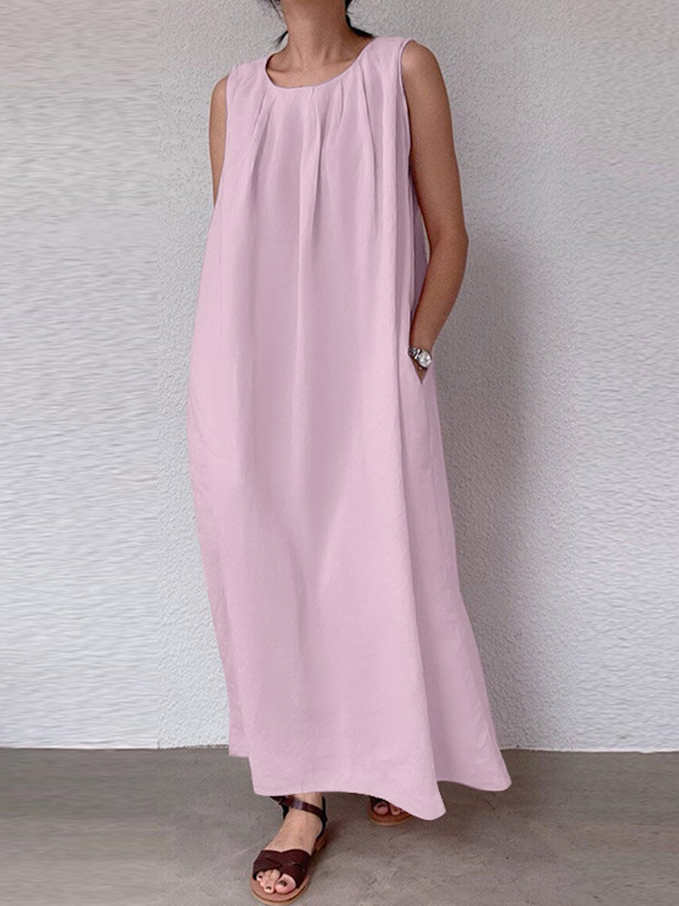Solid Pocket Cotton Ruched Round Neck Sleeveless Maxi Dress