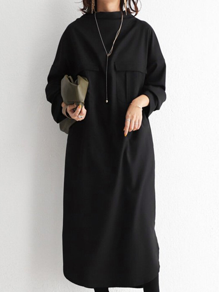 Plus Size Women Side Split Simple Long Sleeve Maxi Dresses With Flap...