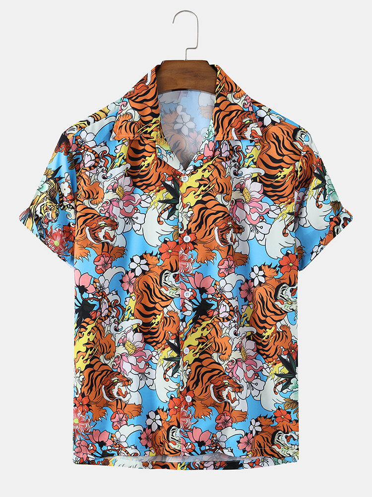 Mens tiger print revere collar short sleeve shirts Sale - Banggood.com