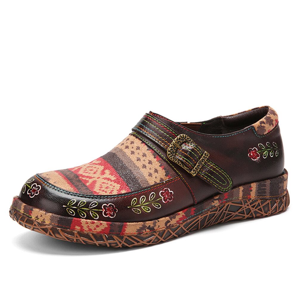 Socofy Genuine Leather Handmade Patchwork Comfy Retro Ethnic Pattern Flat Shoes