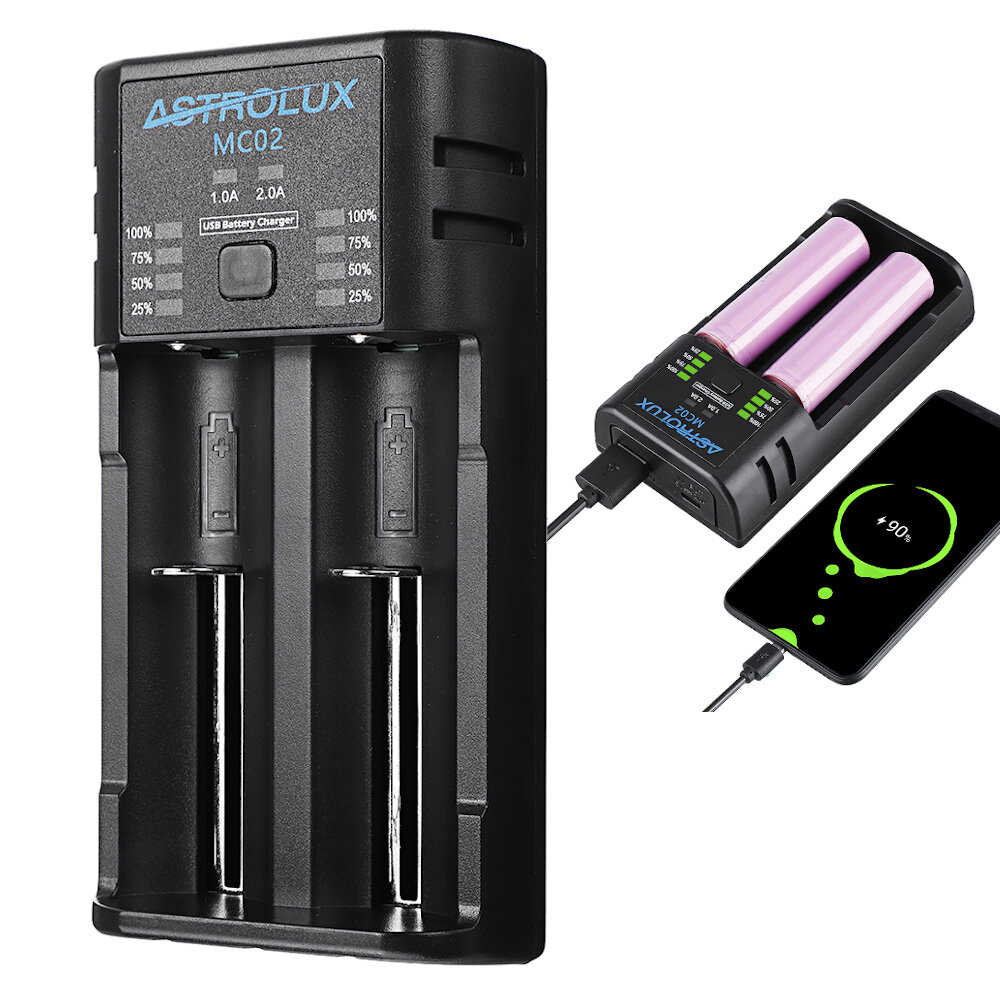 Astrolux® MC02 2 in1 USB-oplader Mini-batterijlader Draagbare mobiele telefoon Powerbank Huidige optionele oplader voor 18650 21700 26650 Li-ionbatterij