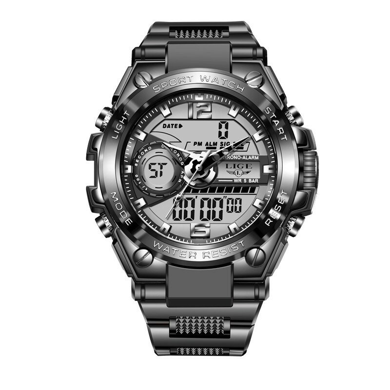 

LIGE 8922 Sport Luminous Display Calendar Stopwatch 5ATM Waterproof Men Dual Display Watch