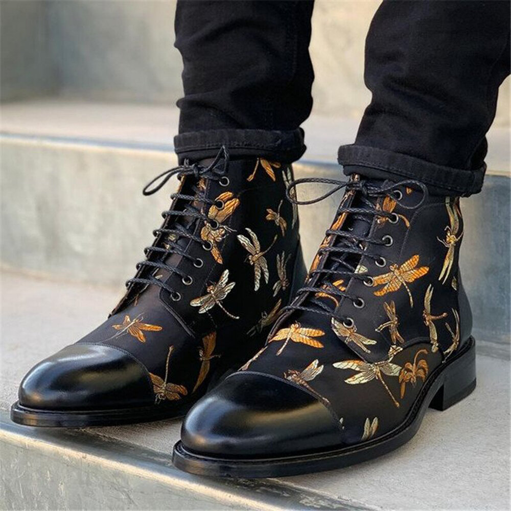 Men British Style Cap Toe Splicing Dragonflies Printed Cloth Ankle Jack Boots