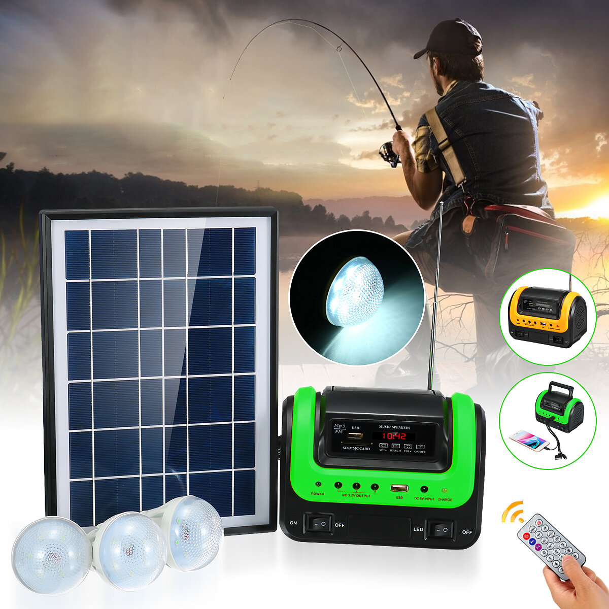 5W solare Kit pannello DC System Energy Elettricità Carica Potenza 3 LED Lampadine Luce Indoor Outdoor Power Bank