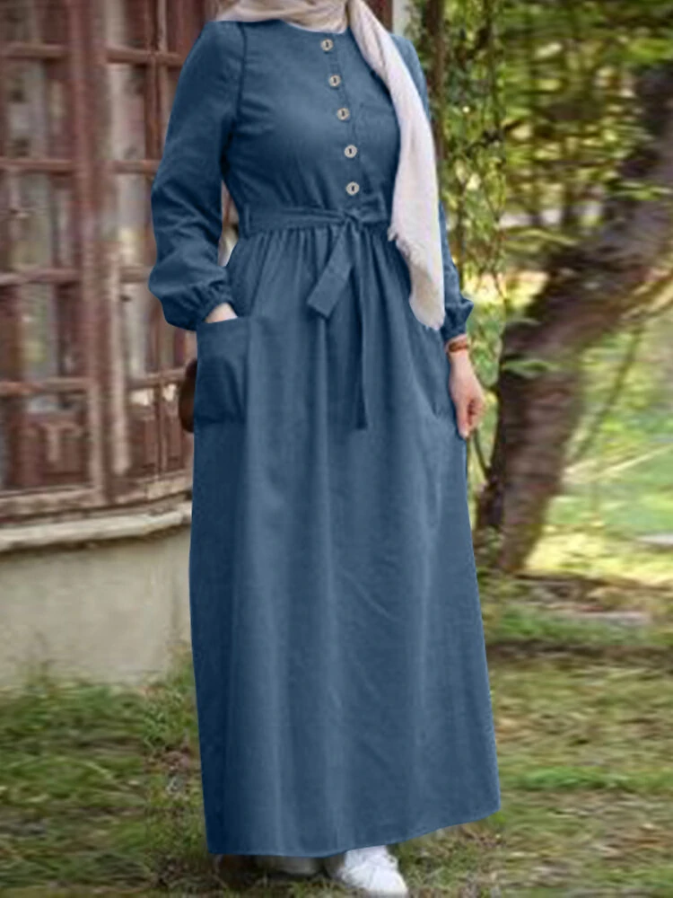 Women Plain Button Front Lace Up Elastic Cuff Vintage Long Sleeve Maxi Dress With Pocket