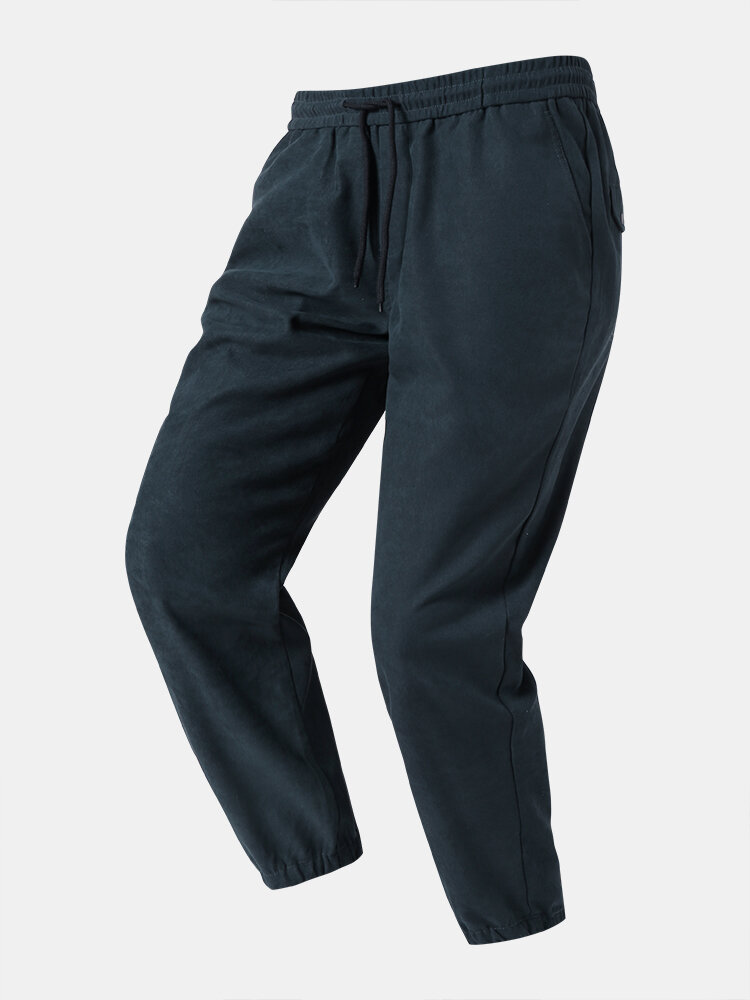 Men Solid Color Back Pockets Ankle Length Casual Pants