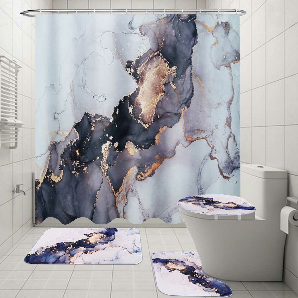 180x180CM Polyester Shower Curtain Set Waterproof Anti-slip Dustprood Fannel Bath Mat Set