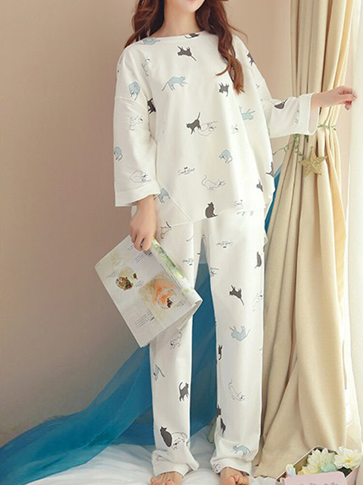 Vrouwen grappige cartoon kat print ronde hals zak met lange mouwen thuis pyjama set