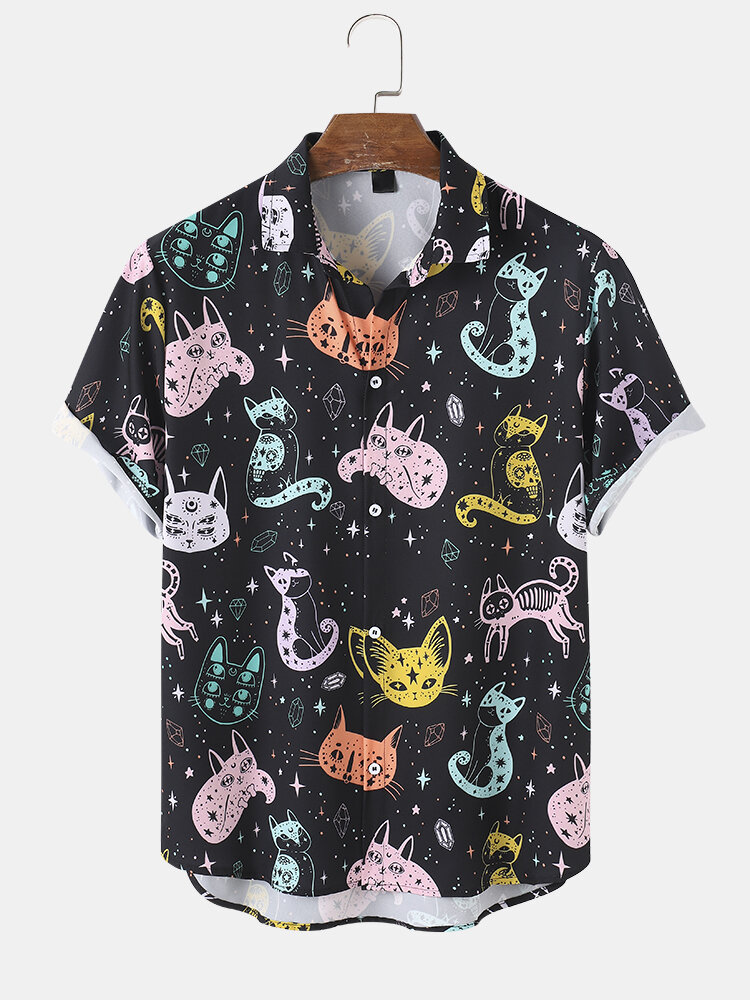 Colorful Overhemd met korte mouwen en revers met cartoonkatprint voor heren