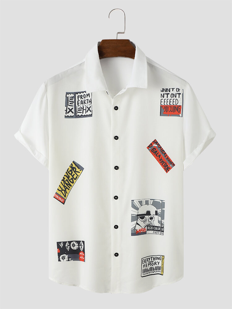 Men Label Print Button Star War Short Sleeve Casual Shirts