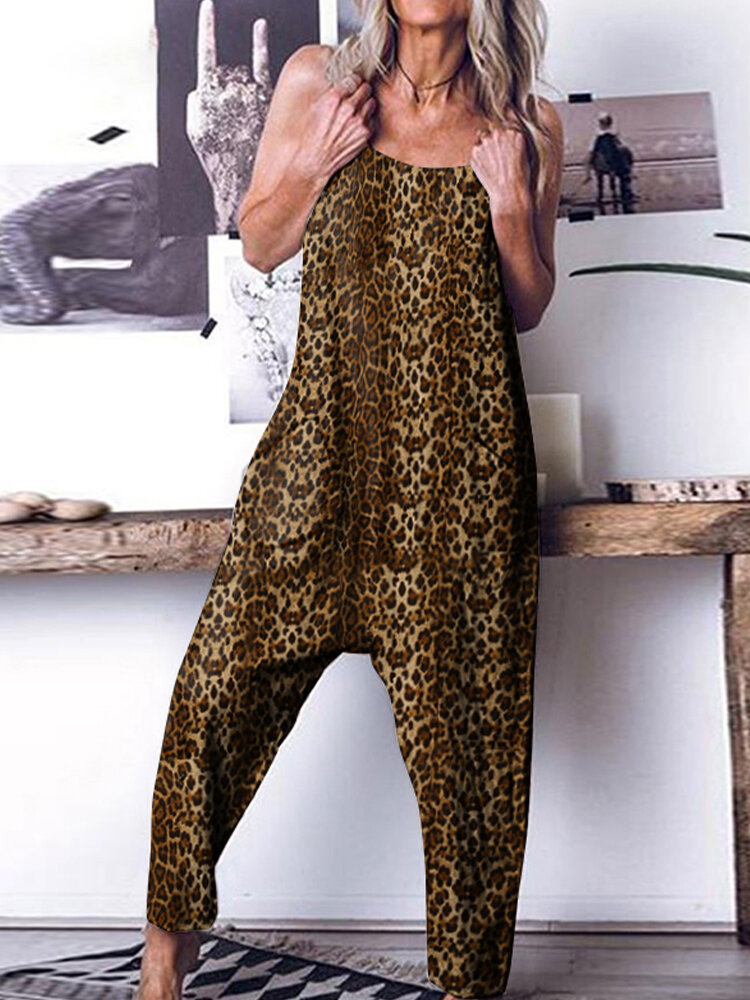 Casual mouwloze jumpsuit met luipaardprint en zakken