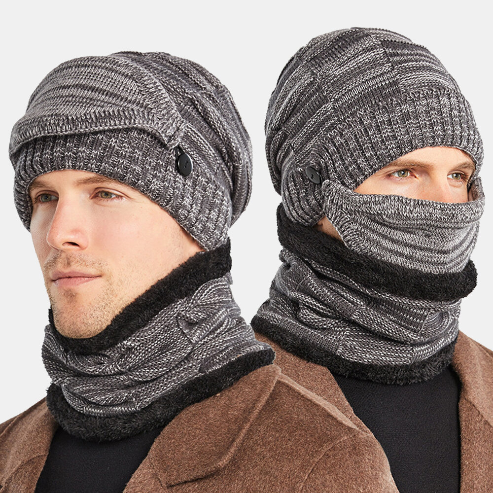 Men 3PCS Plus Velvet Thick Warm Winter Suits Neck Face Protection Knitted Hat Scarf Mask