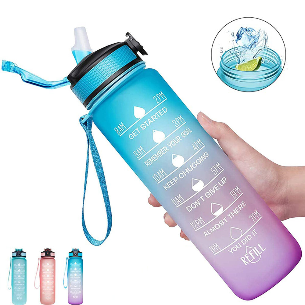 TRITAN 34oz / 1L BPA-mentes Fitness Vízpalack időjelzővel, színes gradiens, szivárgásmentes és egyszerűen kattintható nyitóval gyerekeknek