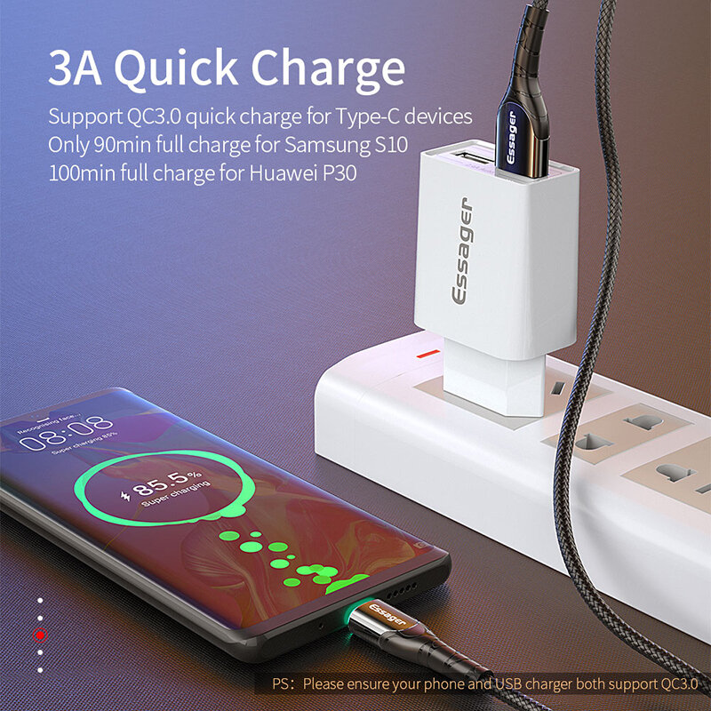 Essager 3A LED USB Type-C 高速充電 480Mbps データケーブル Samsung ギャラクシーノート S21 ウルトラ Huawei Mate40 OnePlus 9 Pro