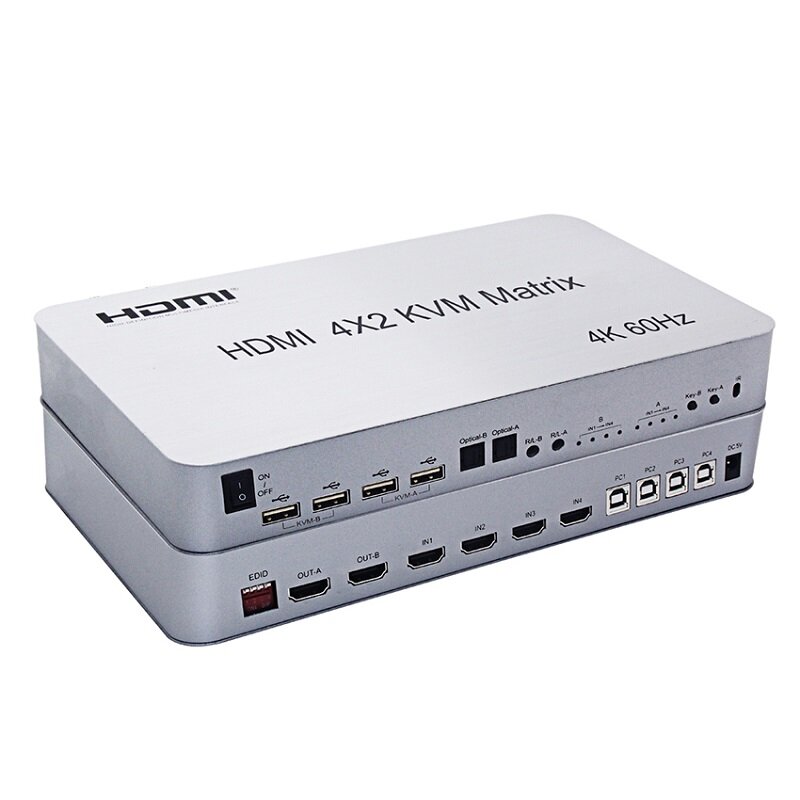 

4 Port USB HDMI KVM Matrix 4X2 Dual Monitor 4K 60Hz HDR Switch Splitter 4 in 2 out HDMI 2.0 Switcher Support Keyboard Mo