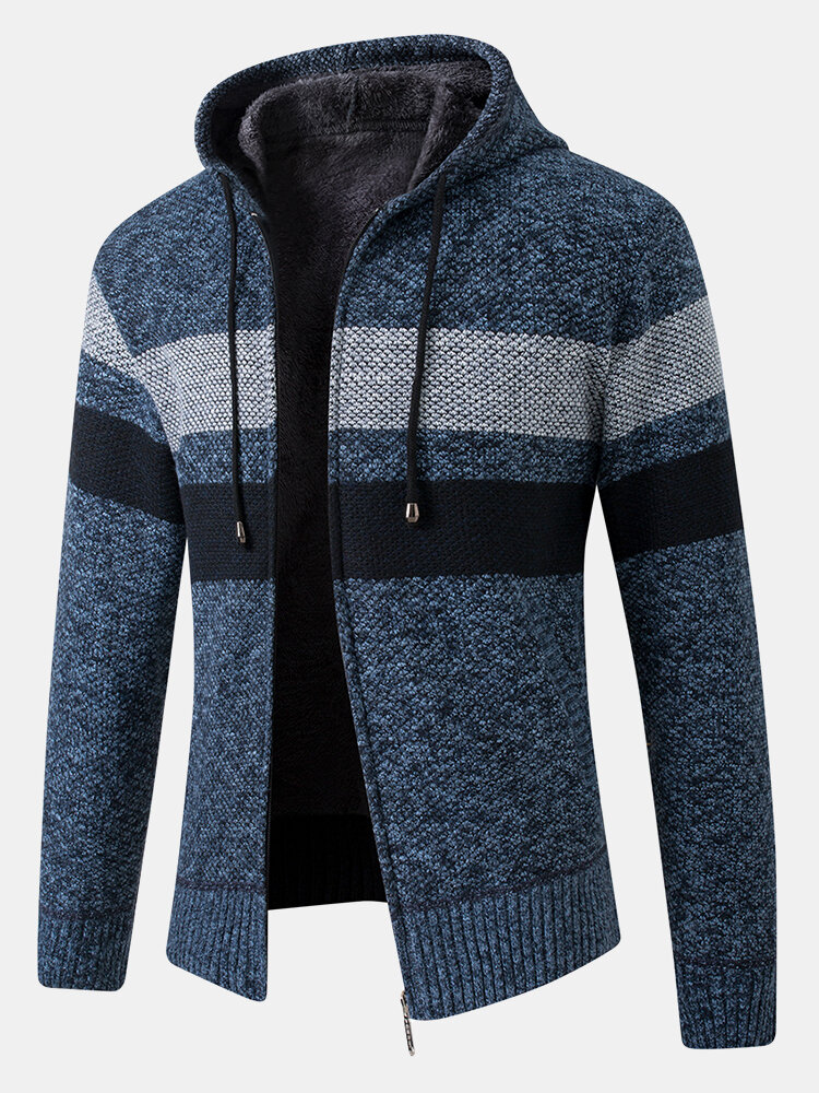 Mens Stripe Colorblock Zipper Thick Warm Knitting Sweater Hoodie Jacket