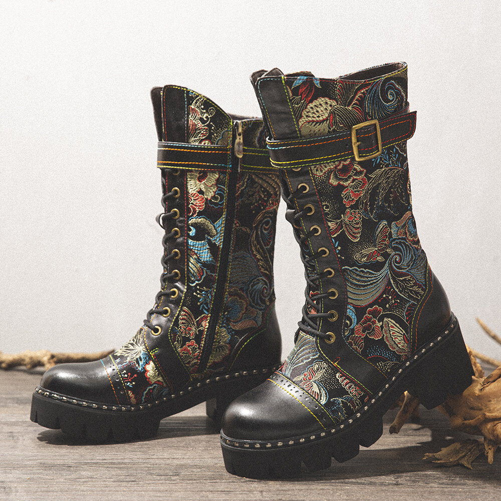 SOCOFY Retro Buckle Strap Decor Flowers Cloth Leather Splicing Comfy Wearable Fashion Mid-calf Boots