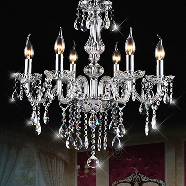 E12 6 Heads Clear Crystal Chandelier, Crystal Light Fixtures Dining Room