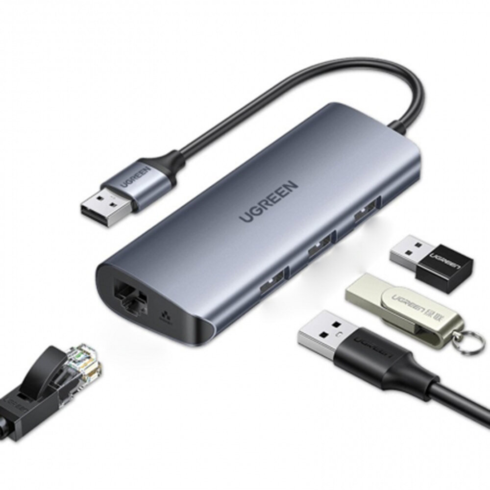 UGREEN USB 3.0 Ethernet Adapter Hub with RJ45 1000M Gigabit Ethernet, 3 Ports USB 3.0 Hub, Micro USB Power Supply Compat