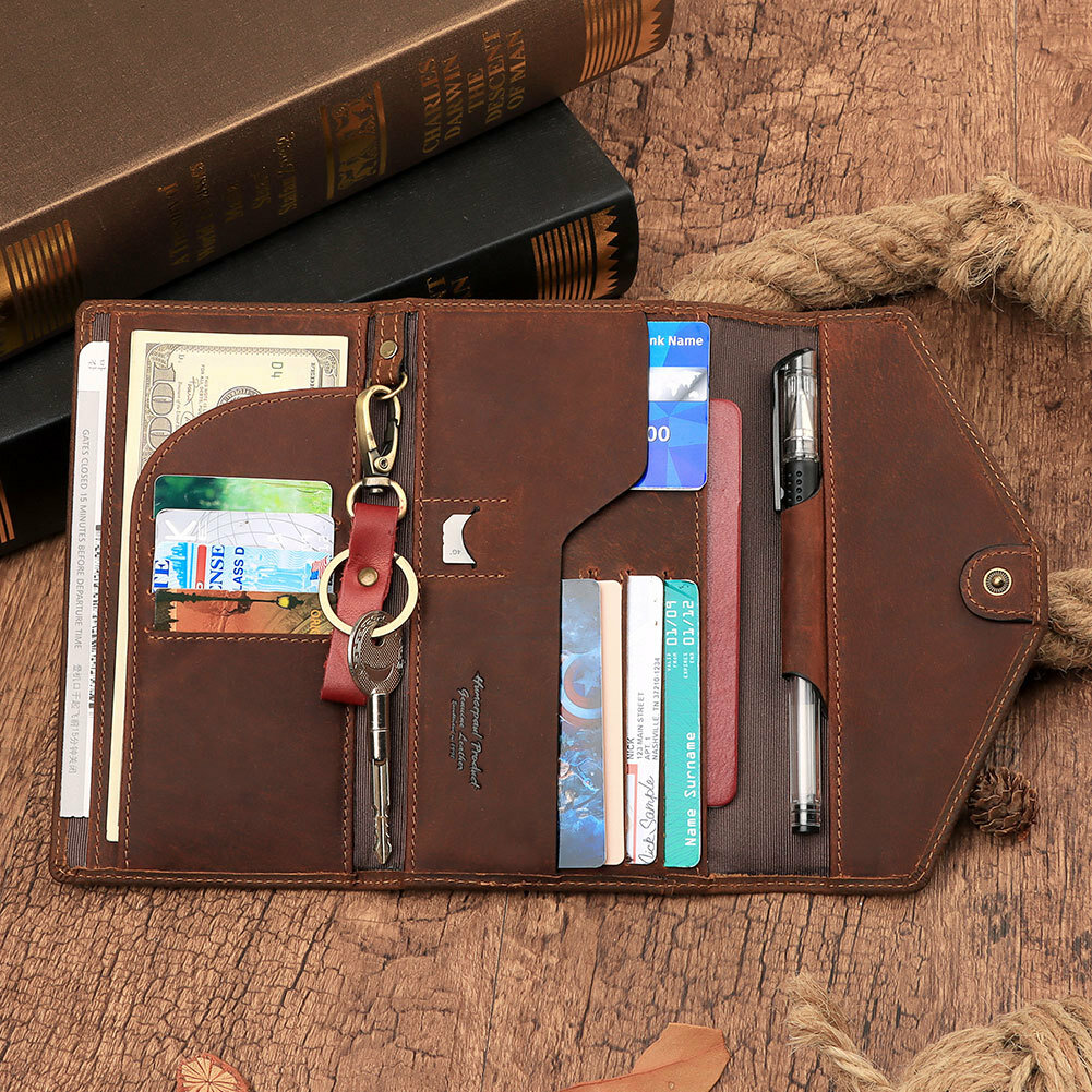 

Men Genuine Leather RFID Anti-theft Travel Hand-carry Passport Bag Multi-slots Card Holder Wallet With Keychain Pen Slot
