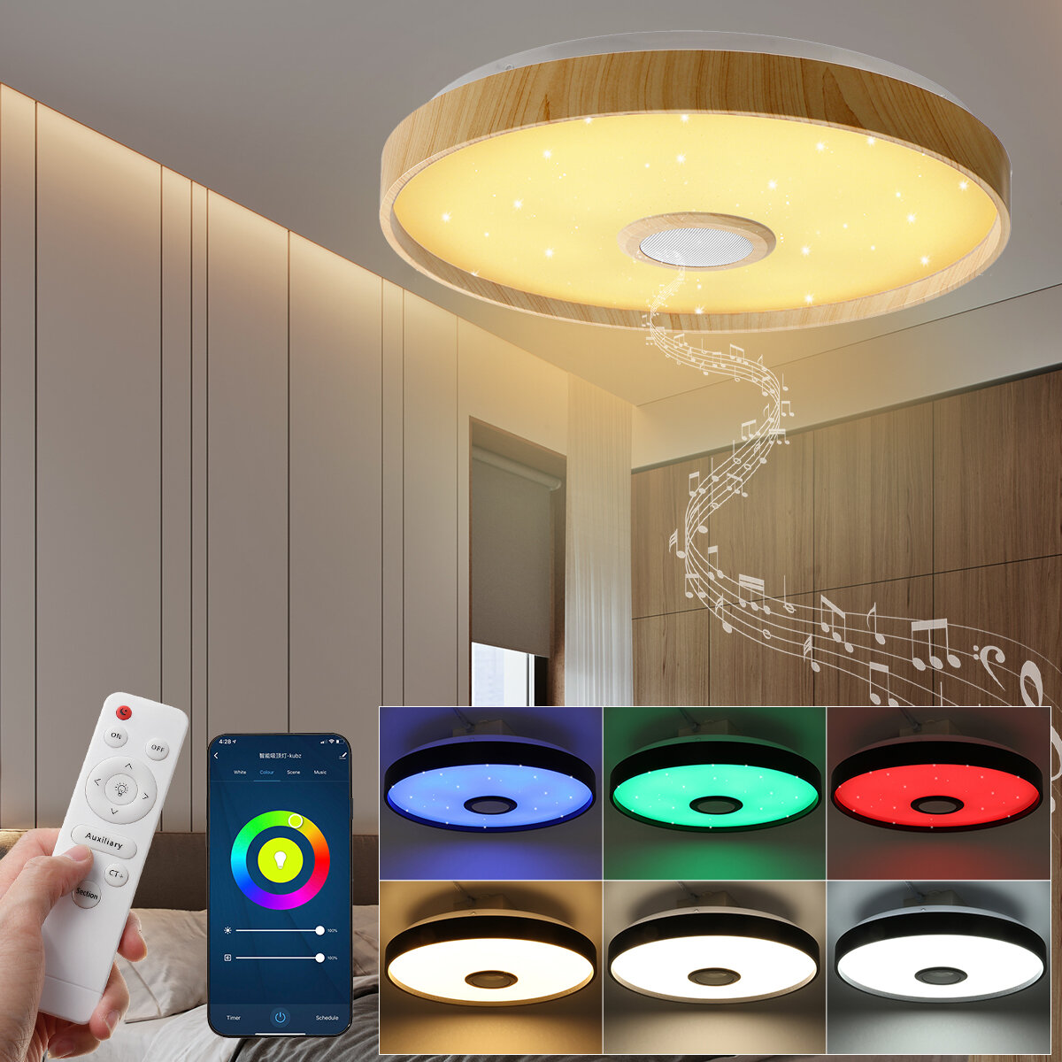 38CM Ceiling Light with bluetooth Speaker Dimmable Modern Smart Home Party Light Control Light Color Brightness and Musi