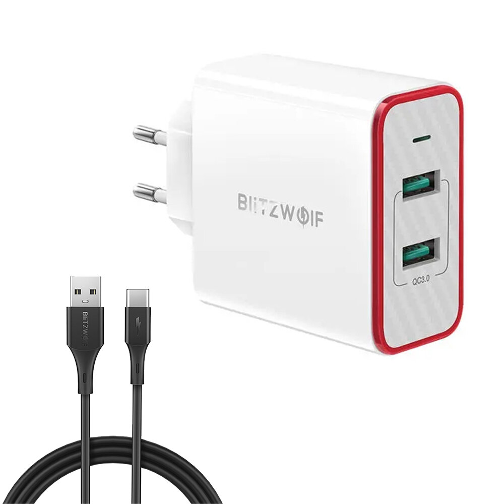 

BlitzWolf® BW-PL3 36W QC3.0 Dual Ports USB Wall Charger EU Plug Adapter With BlitzWolf® BW-TC14 3A 1m/3.3ft USB Type-C C