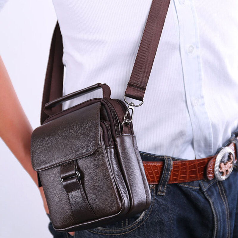 Men Genuine Leather Retro Multi-pocket Handbag Casual Waist Bag Cross Body Bag