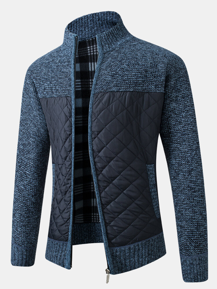 Mens Warm Patchwork Long Sleeve Zipper Knitting Thick Jacket With Pocket