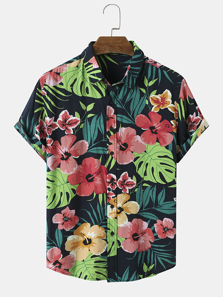 Men Tropical Plants Print Revere Collar Short Sleeve Curved Hem Leisure Shirts