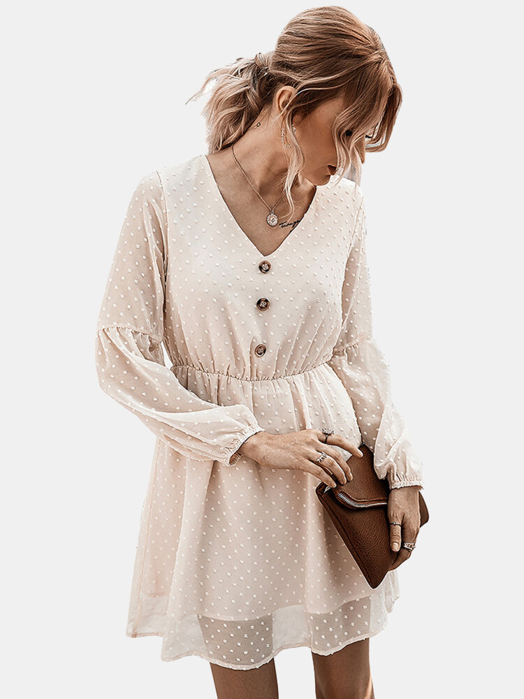 Image of Frauen Polka Dot Mesh Patchwork Button Langarm Kleid