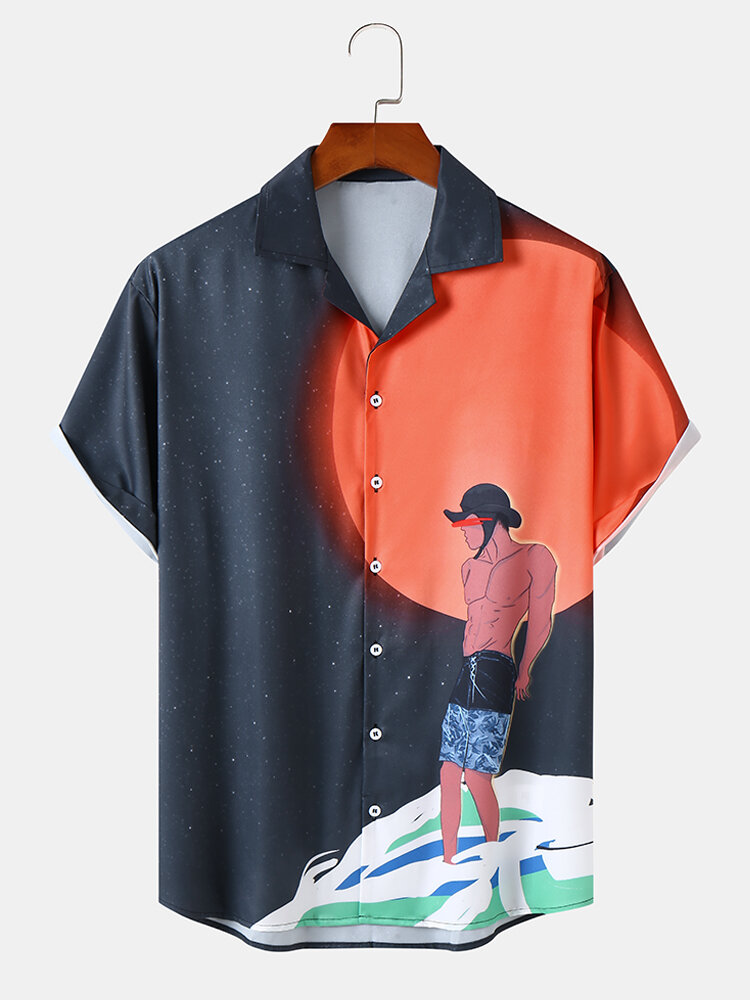 Mens Figure Print Surfing Front Buttons Short Sleeve Shirts