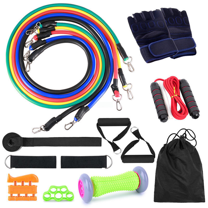 16 Pcs Resistance Bands Set 5 Exercise Bands Jump Rope Grip Strength Hand Legs Straps Gloves Foot Ma