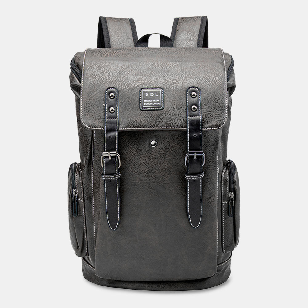 Men PU Leather Multi-pocket Large Capacity Student Backpack Vintage 15.6 Inch Laptop Bag