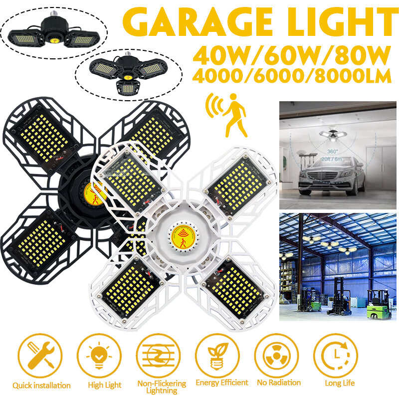 40/60/80W Deformable E26/E27 Ultra-bright LED Garage Ceiling Light Motion Activated