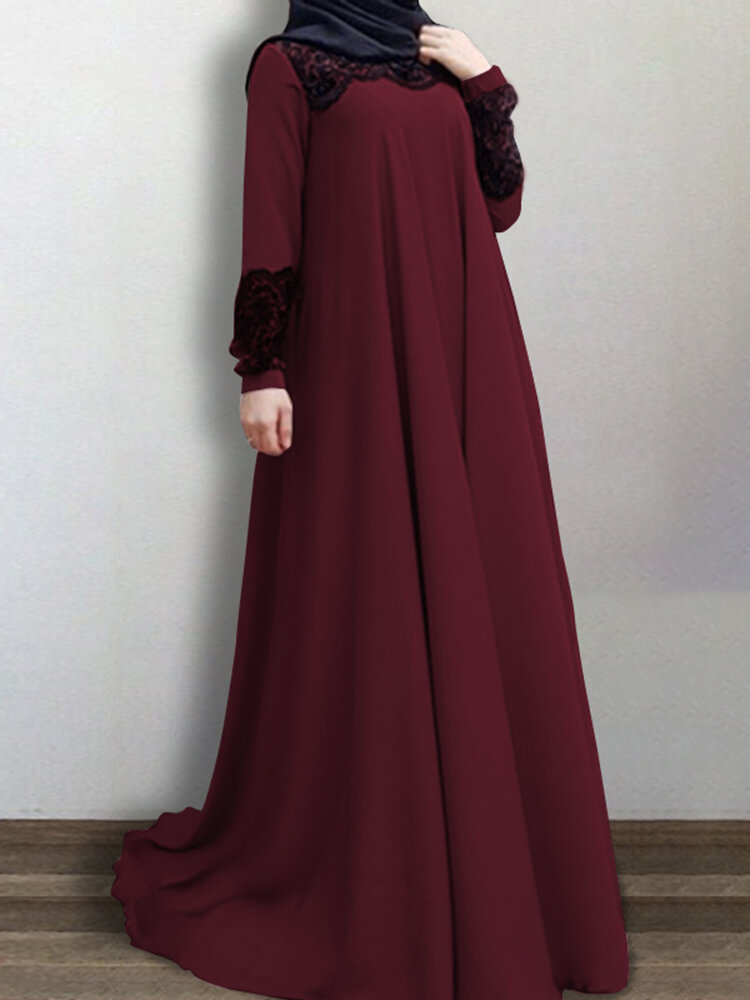 Women Lace Patchwork Big Swing Vintage O-Neck Casual Long Sleeve Muslim?Dress