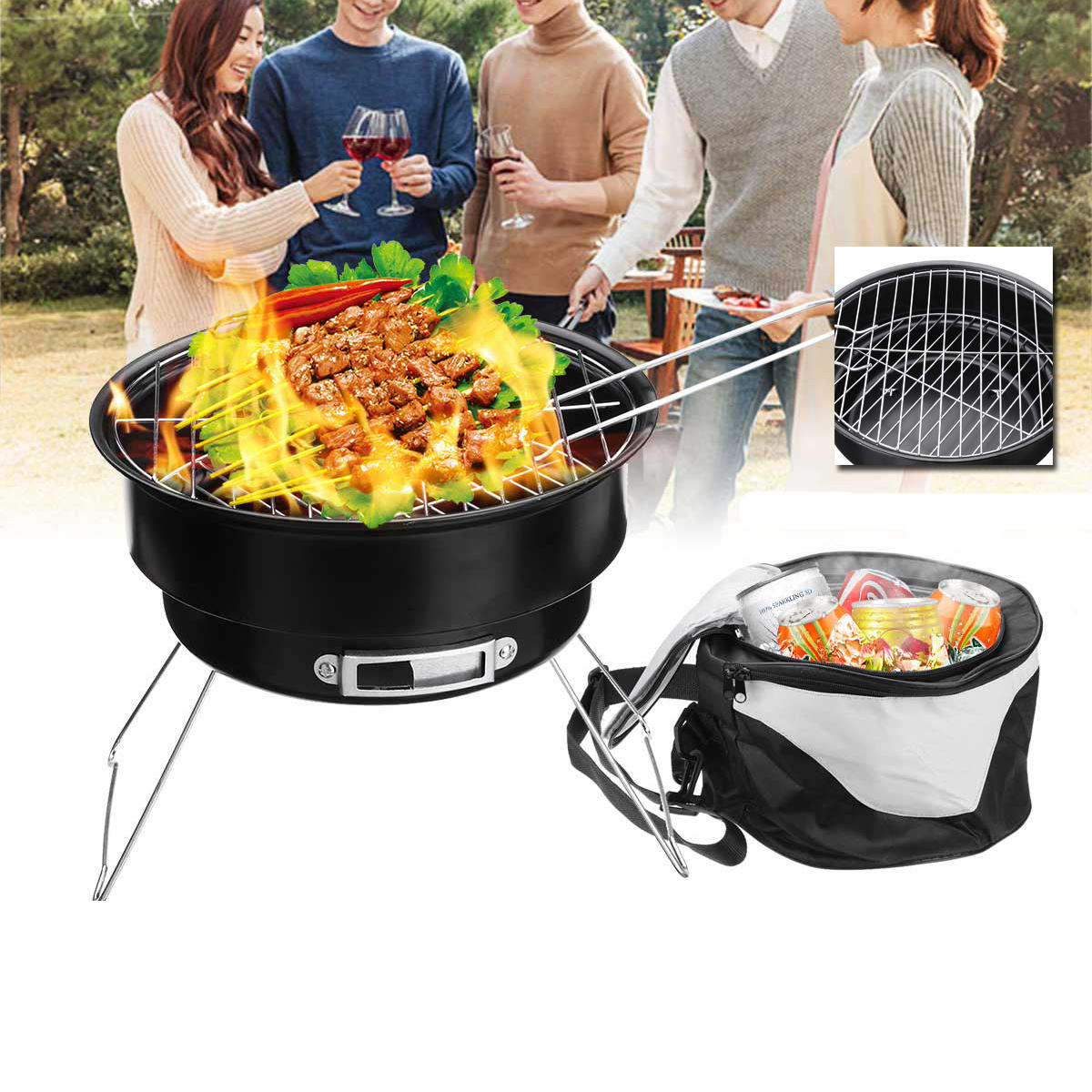 2 In 1 Portable Barbecue Oven Folding BBQ Grill With Cooler Bag Camping Hiking Picnic